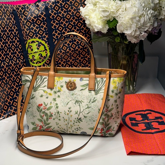 Tory Burch Watercolor Botanical Kerrington Tote Crossbody + Shopping Bag + Dusty - Picture 1 of 16